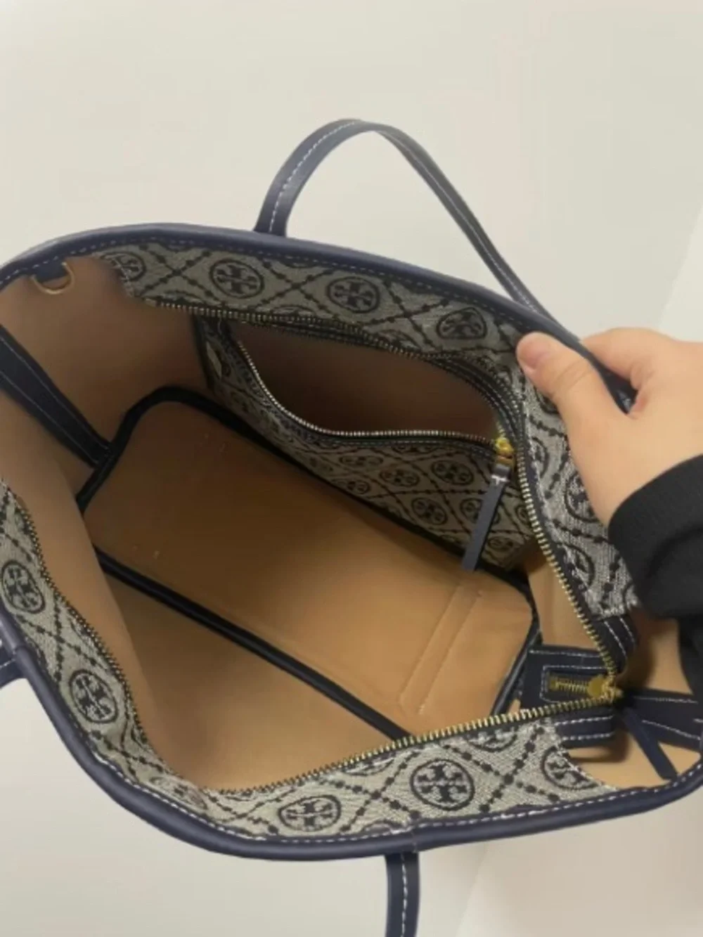 Tory Burch Beige and Navy Logo Jacquard Tote with Gold Logo